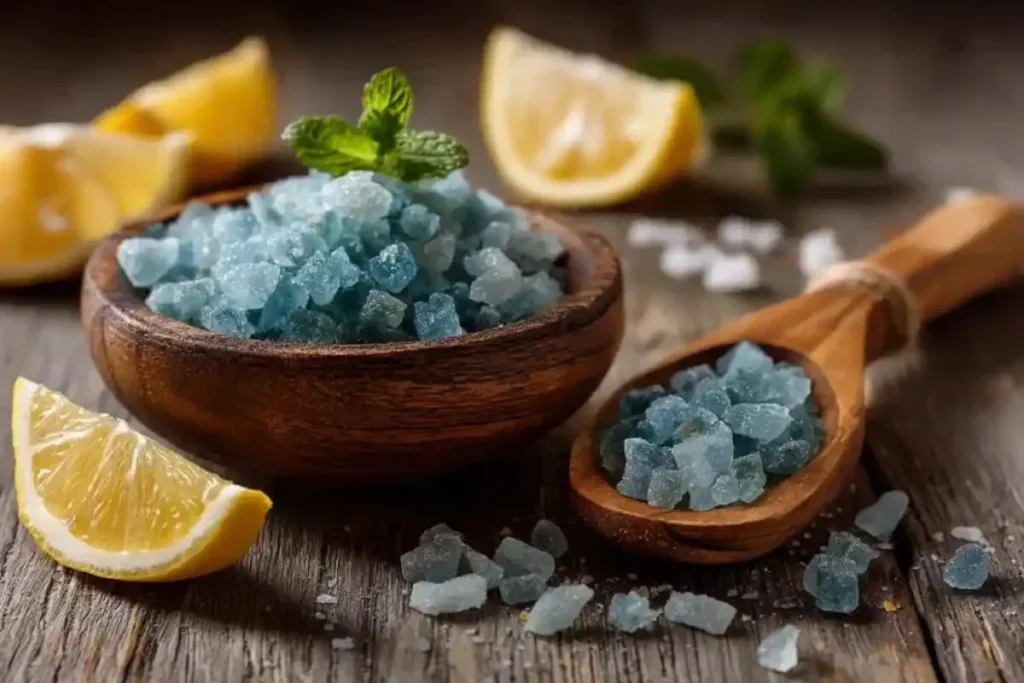 ingredients used in the viral blue salt trick recipe including Persian blue salt lemon and honey