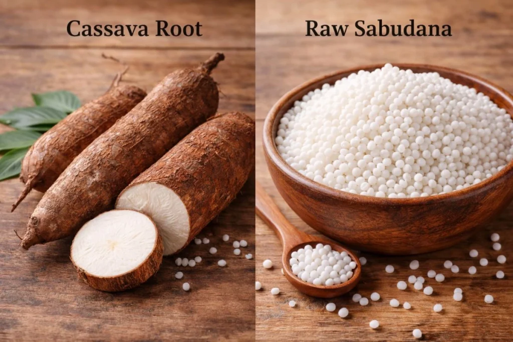 Cassava root + raw sabudana side by side