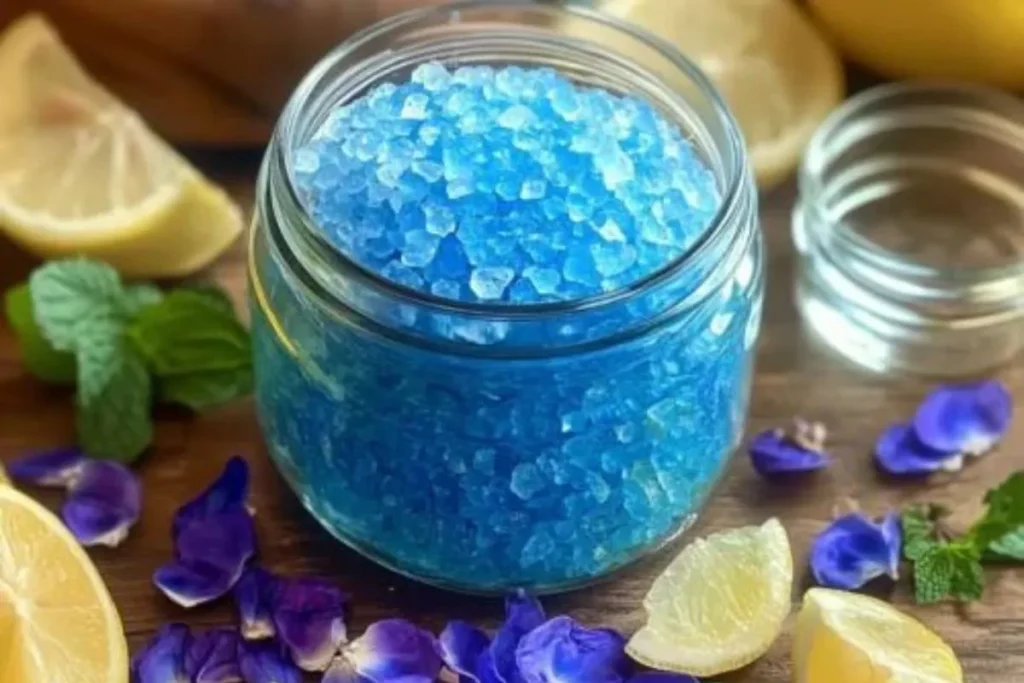 viral blue salt trick recipe drink served in a glass with lemon slices